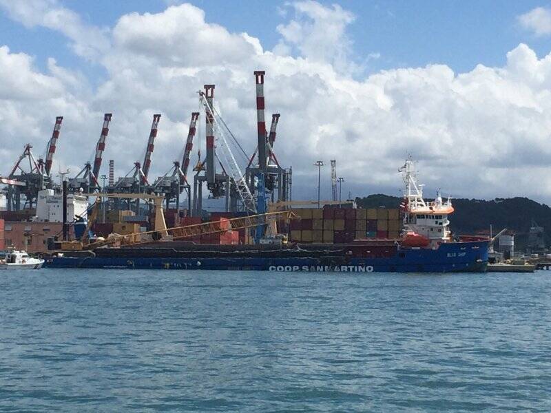 La draga Blue Ship ormeggiata in porto dopo l'avaria