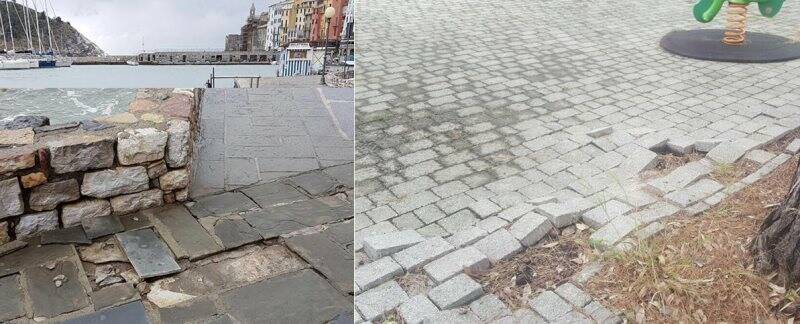 I danni per la mareggiata a Porto Venere, un dettaglio dei lavori a Le Grazie