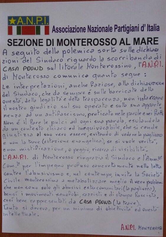 Il documento affisso e consegnato da Anpi a Monterosso.