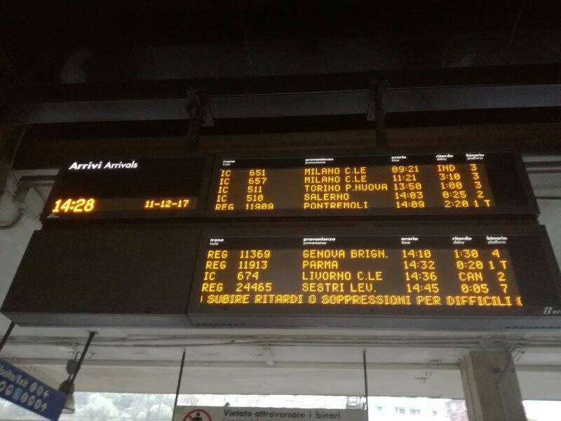 Il tabellone con i ritardi dei treni