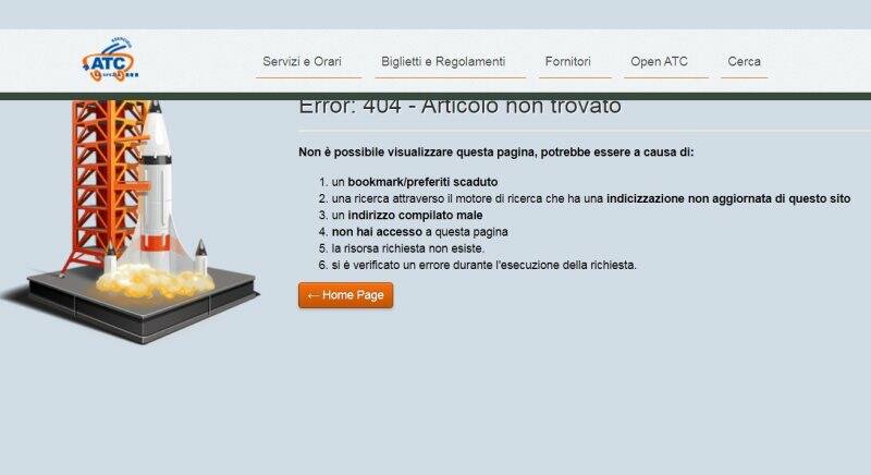 La pagina degli orari di Atc: errore