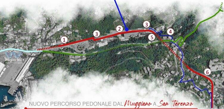 In rosso: percorso pedonale. In verde: ciclopedonale Muggiano, Pozzuolo, Tre Strade, Via Militare, Pitelli. Progetto al vaglio dell'amministrazione