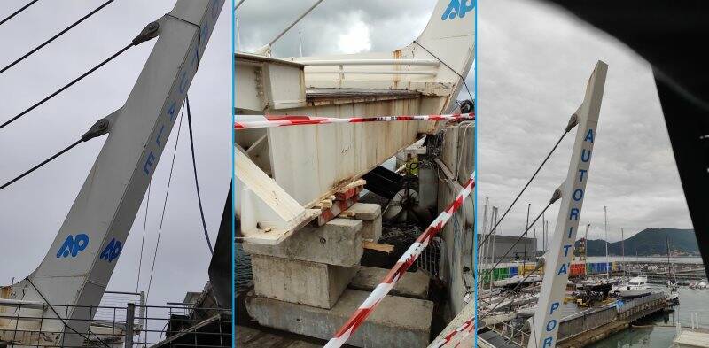 Il ponte della Darsena di Pagliari dopo il cedimento. A destra l'antenna vista dalle finestre dell'edificio accanto