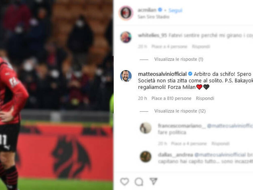 Salvini su Instagram dopo Milan-Spezia