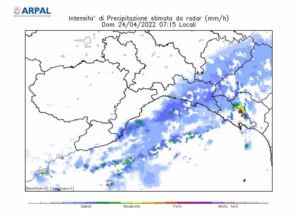 Lo scatto del radar alle ore 7.15, immagine Arpal