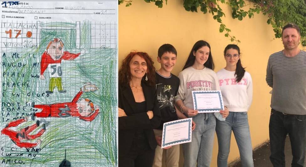 Il disegno di Edoardo Bibolini e i premiati delle medie con gli insegnanti