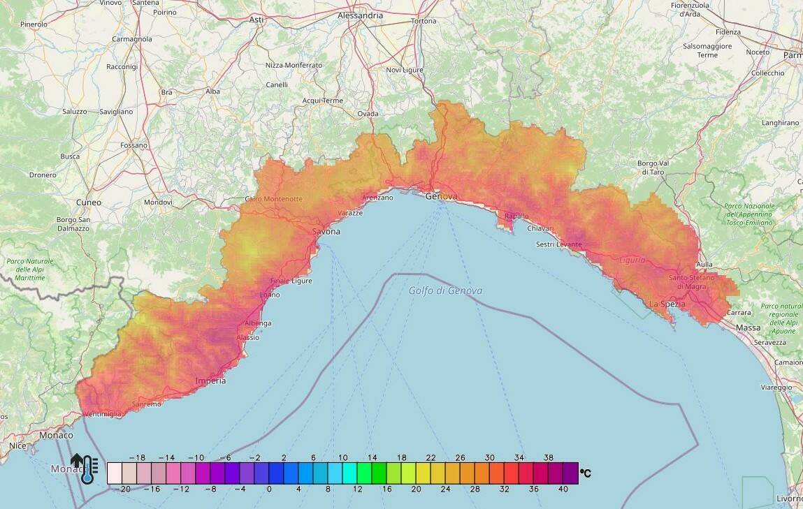 La mappa del caldo sulla Liguria
